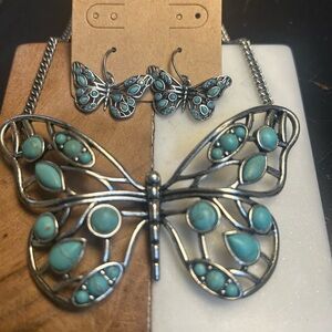 Fossil Vintage Silver and Turquoise Butterfly Necklace and Earring Set